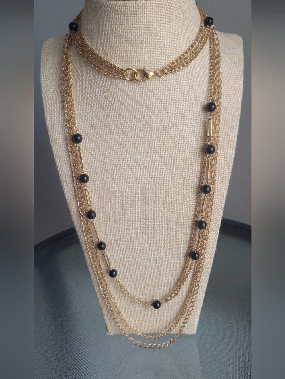 Vintage Long Gold Tone Necklace Multi Strand Design with Black Beads